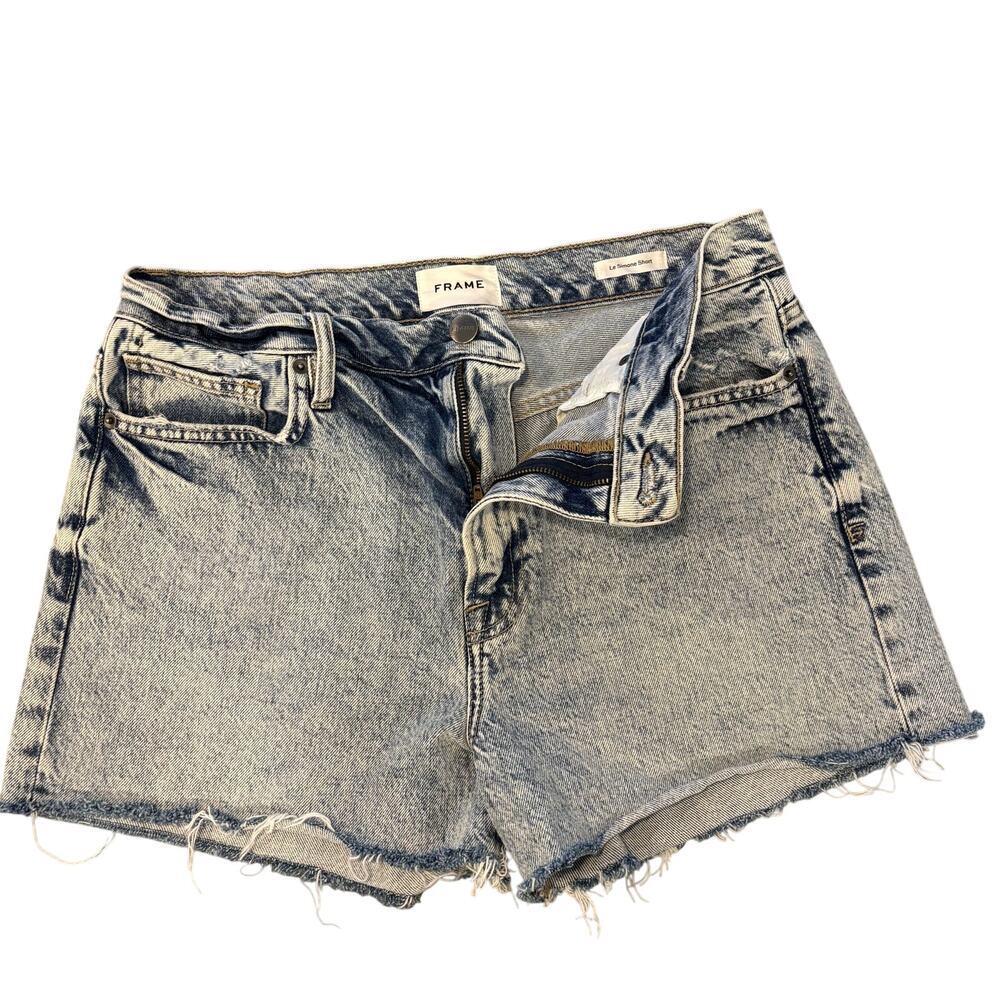 FRAME Le Simone High Rise Cut-Off Denim Shorts Acid Wash Raw Hem Size 29 Retro